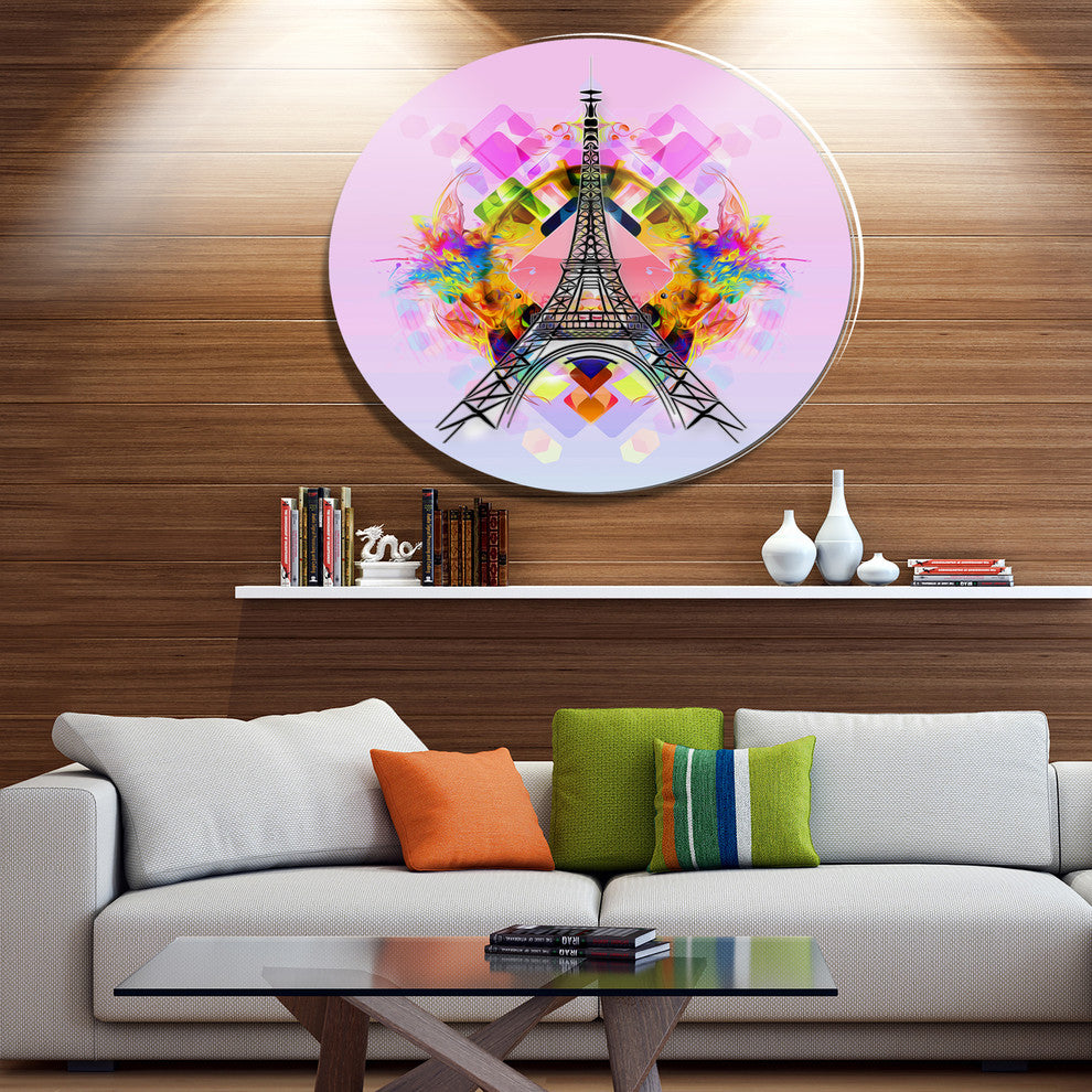 Bright Eiffel Tower Cartoon, Abstract Large Disc Metal Wall Art, 23"