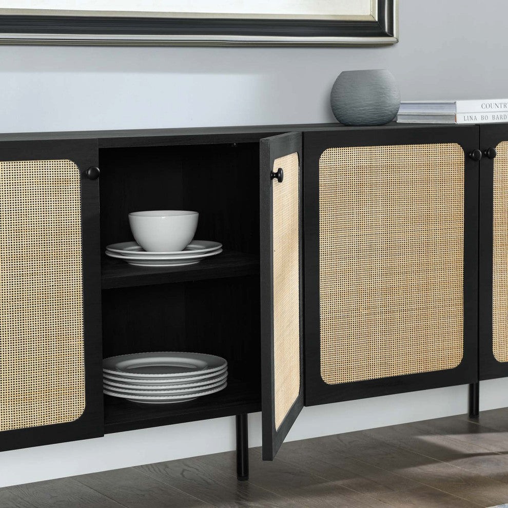 Cane Sideboard, Wood Rattan Buffet Table, BoHo Shabby Chic Credenza, Black