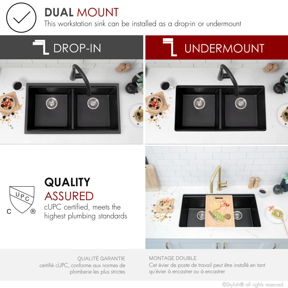 33" Dual Mount Workstation Double Bowl Black Granite Kitchen Sink
