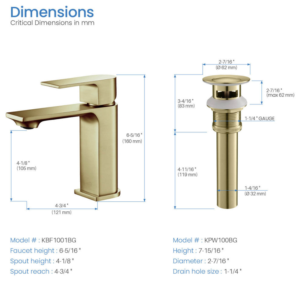 KIBI Mirage Single Handle Bathroom Faucet, Brush Gold, With Drain