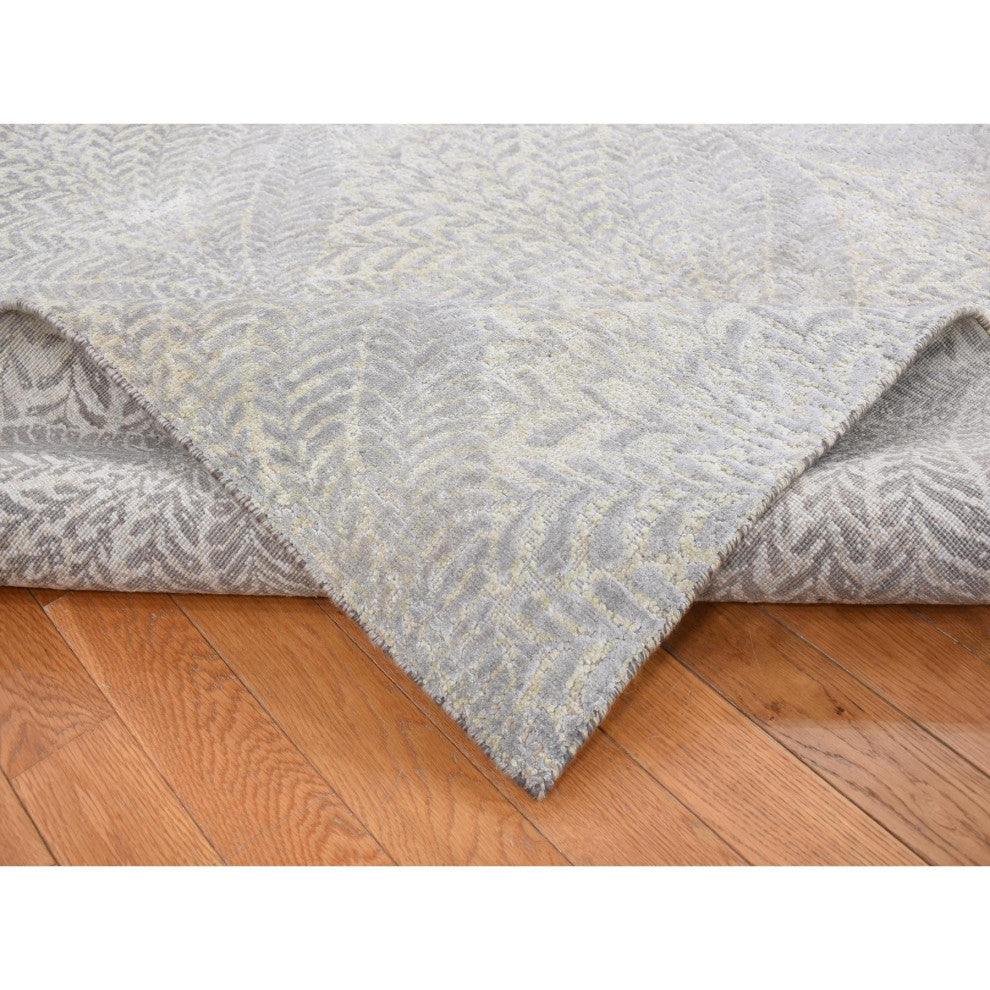 Silver Gray, Gold Leaf Design, Pure Silk, Hand Knotted, Rug, 8'10"x12'1"
