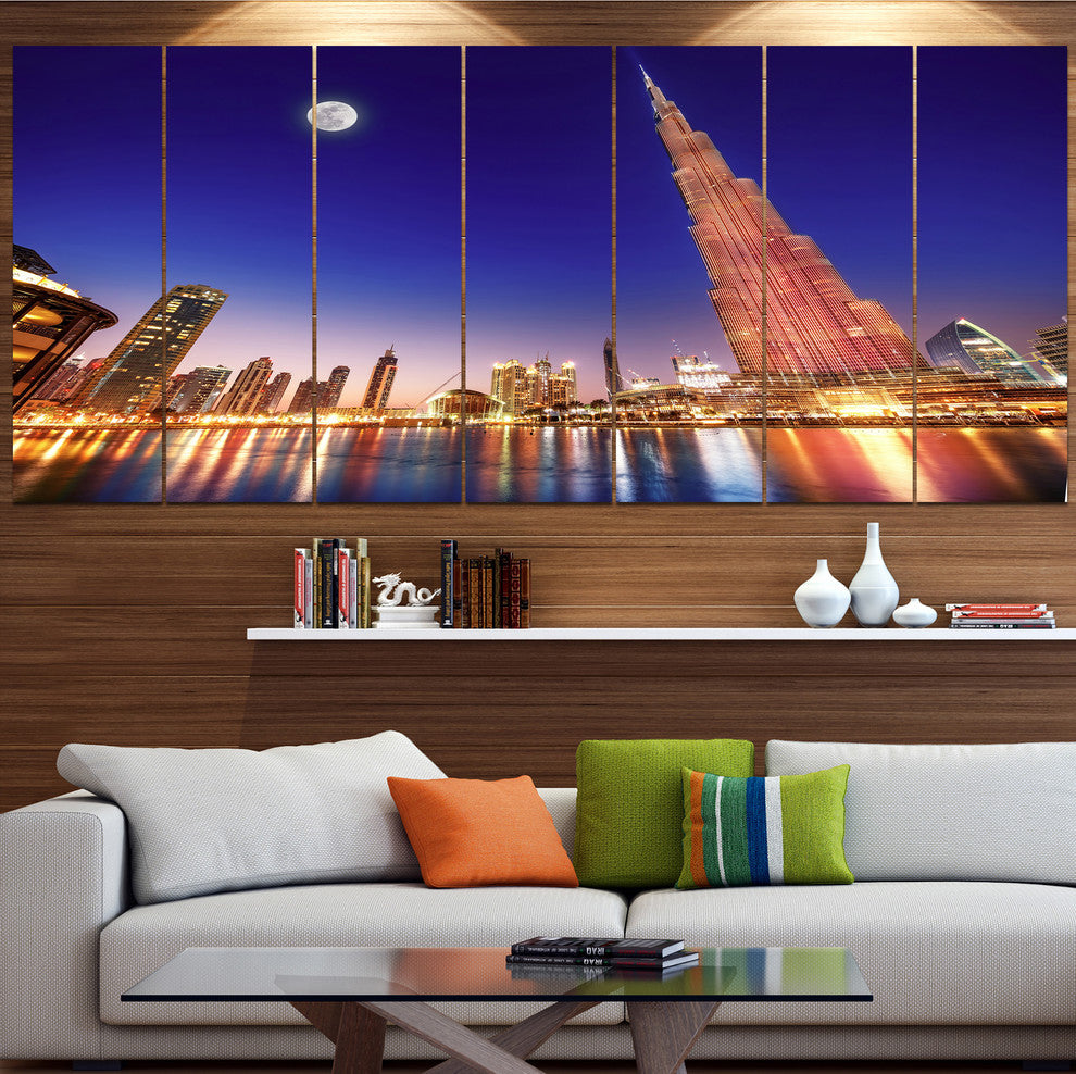 Burj Khalifa Night Landscape, Cityscape Canvas Art Print, 83"x32", 7 Panels