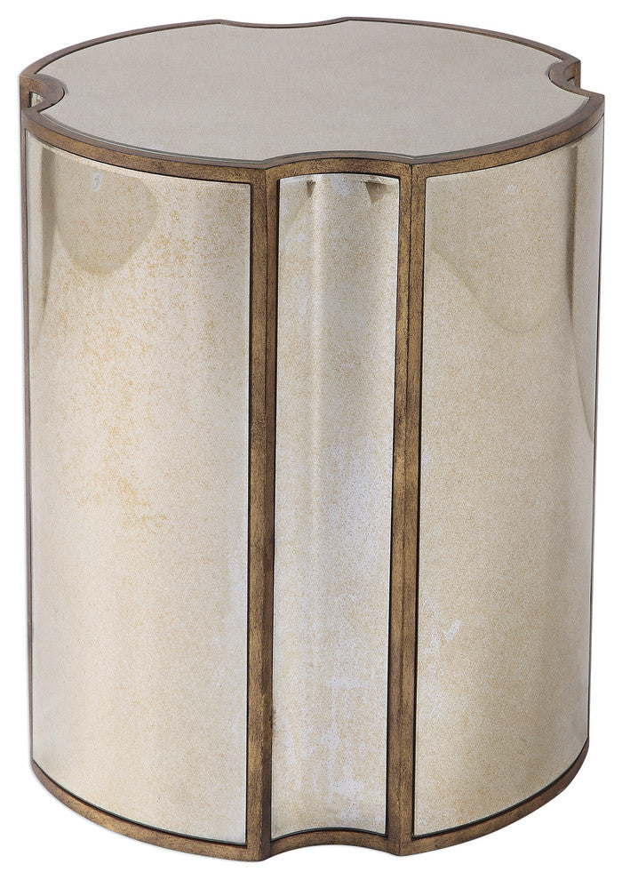 Mirrored Quatrefoil Shaped Accent Table | Round Geometric Gold Vintage Style