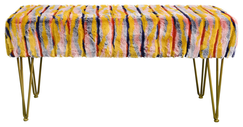 Multi Jacquard Faux Fur Ottoman, Orange, 46"x16"x7"
