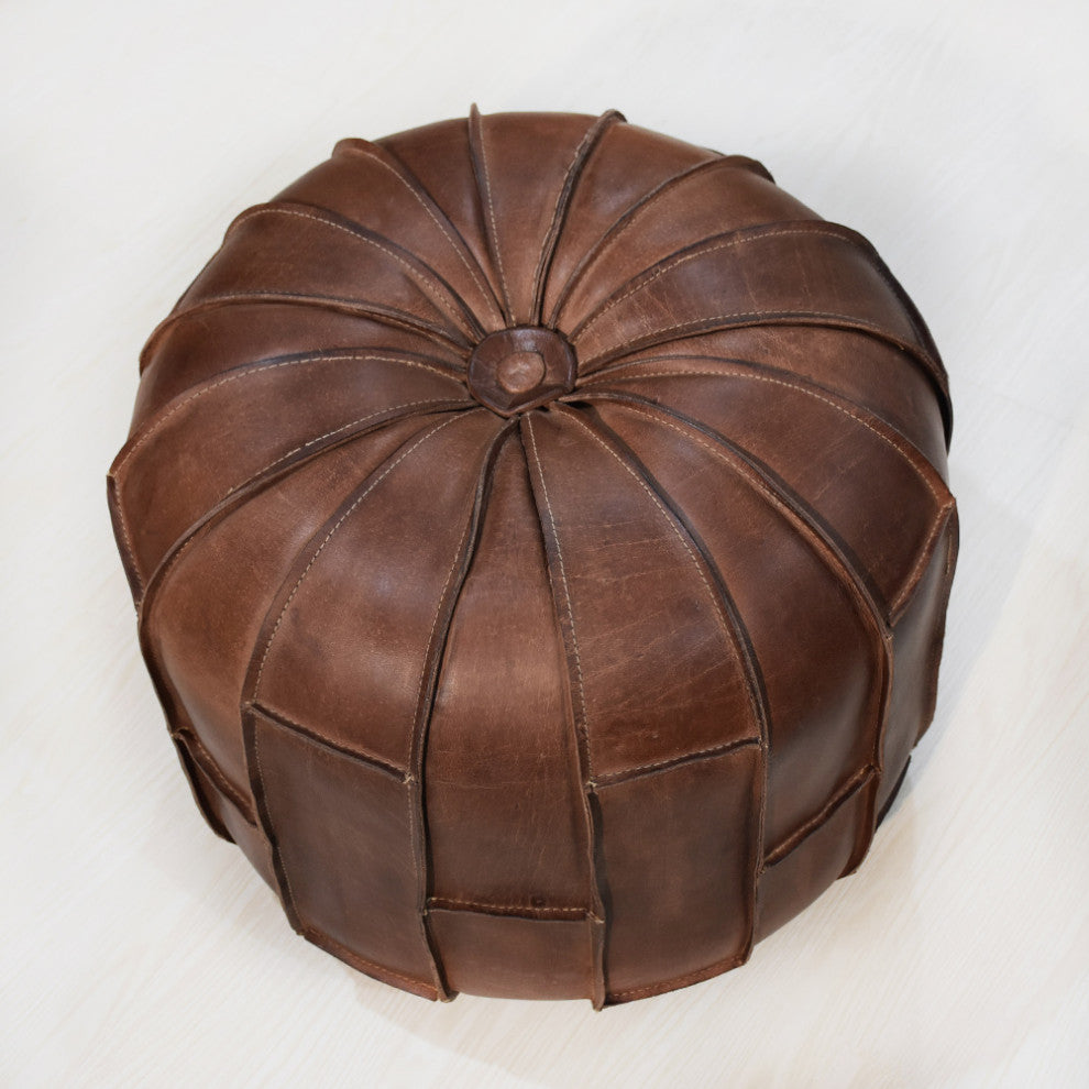 Solid Handmade Leather Pouf Brown, 14x14x14