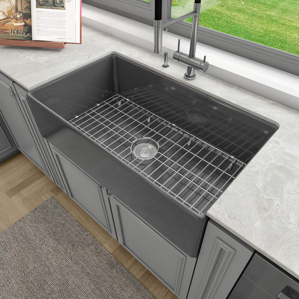 Sinber Farmhouse Apron Single Bowl Kitchen Sink with Fireclay 2 Accessories, Black, 36" X 20"