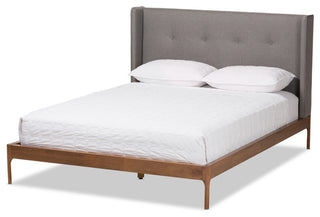 Brooklyn Mid-Century Walnut Wood Gray Fabric King Size Platform Bed