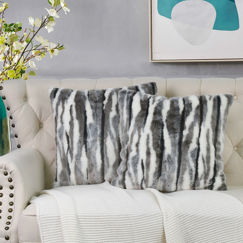 Multi Jacquard Faux Fur Pillow Covers Set of 2, Gray, 26''x26''