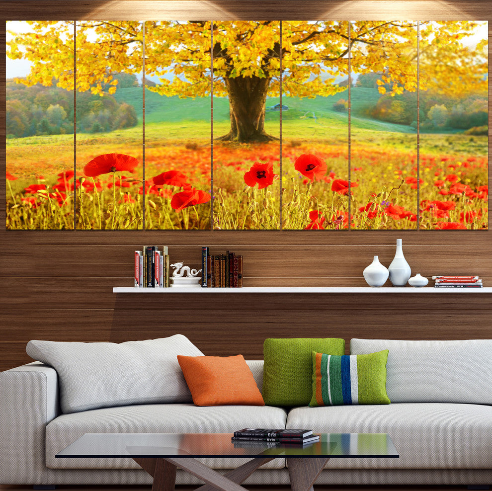 Beautiful Autumn Yellow Tree, Floral Canvas Art Print, 83"x32", 7 Panels
