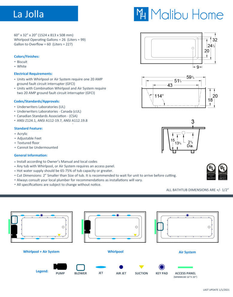 Malibu La Jolla RH Rectangle Combo Whirlpool and Air Bathtub 60x32x20 White