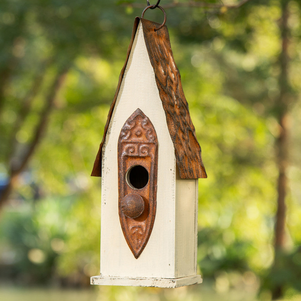 Washed White Distressed Solid Wood Birdhouse