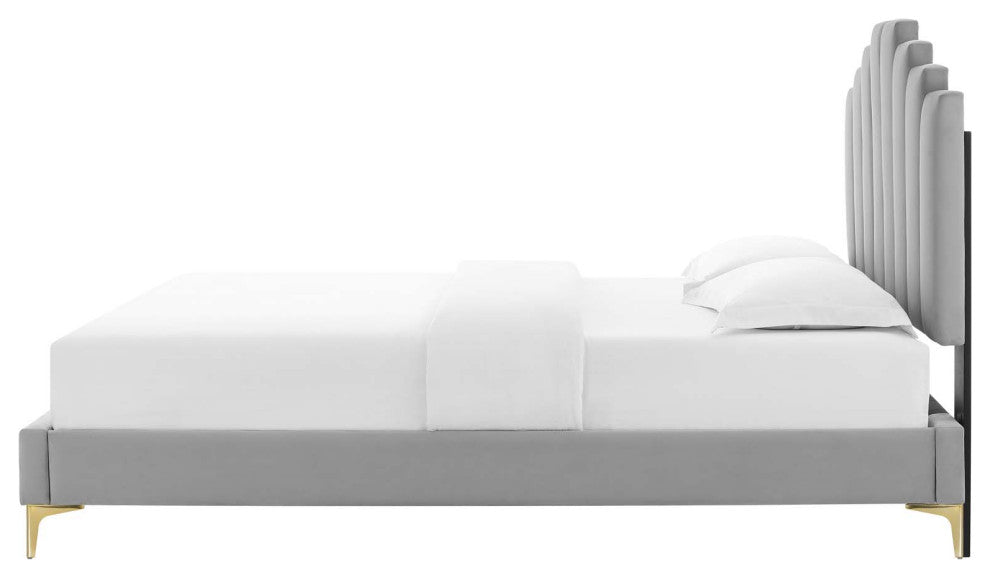 Platform Bed Frame, King Size, Velvet, Light Gray, Modern Contemporary