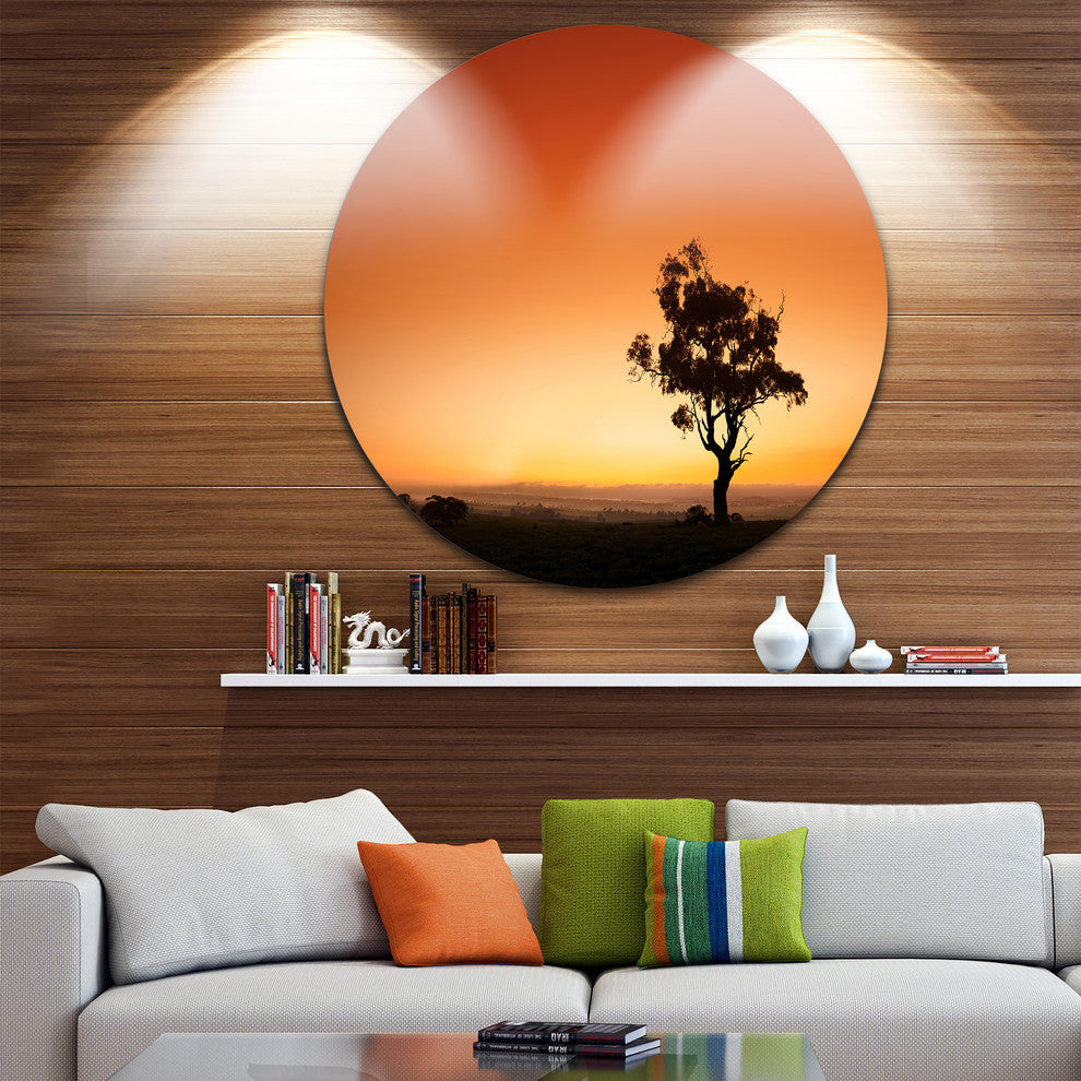 Sunrise With Lonely Tree, Disc Metal Artwork Landscape, 11"