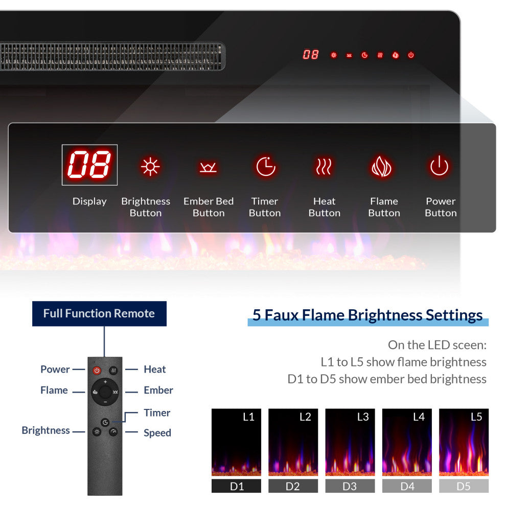 36" Electric Fireplace Heater, 1400 W Recessed & Wall Mounted/ Freestanding