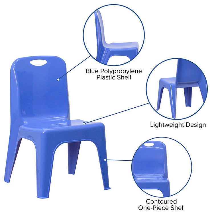 4 Pack Plastic Stackable Chair With Carrying Handle, 11" Seat Height, Blue