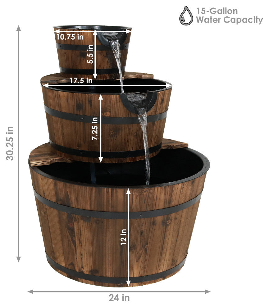 Sunnydaze Rustic 3-Tier Wood Barrel Outdoor Garden Water Fountain, 30"