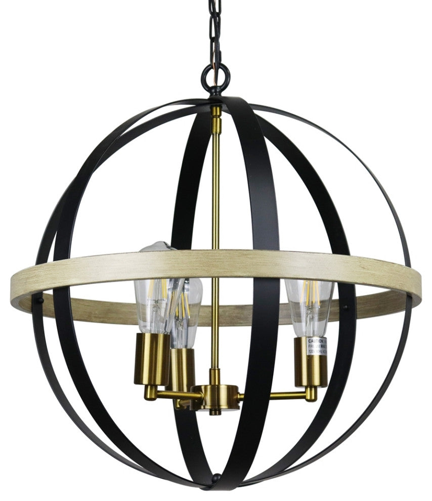 Chloe Lighting ABBOTT Farmhouse-Style Black/Bronze/Wood 3 Light Pendant 20" Wide