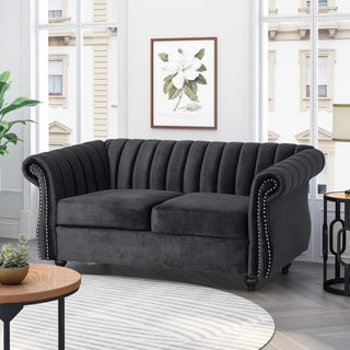 Bauman Modern Glam Channel Stitch Loveseat with Nailhead Trim, Black and Dark Brown, Velvet