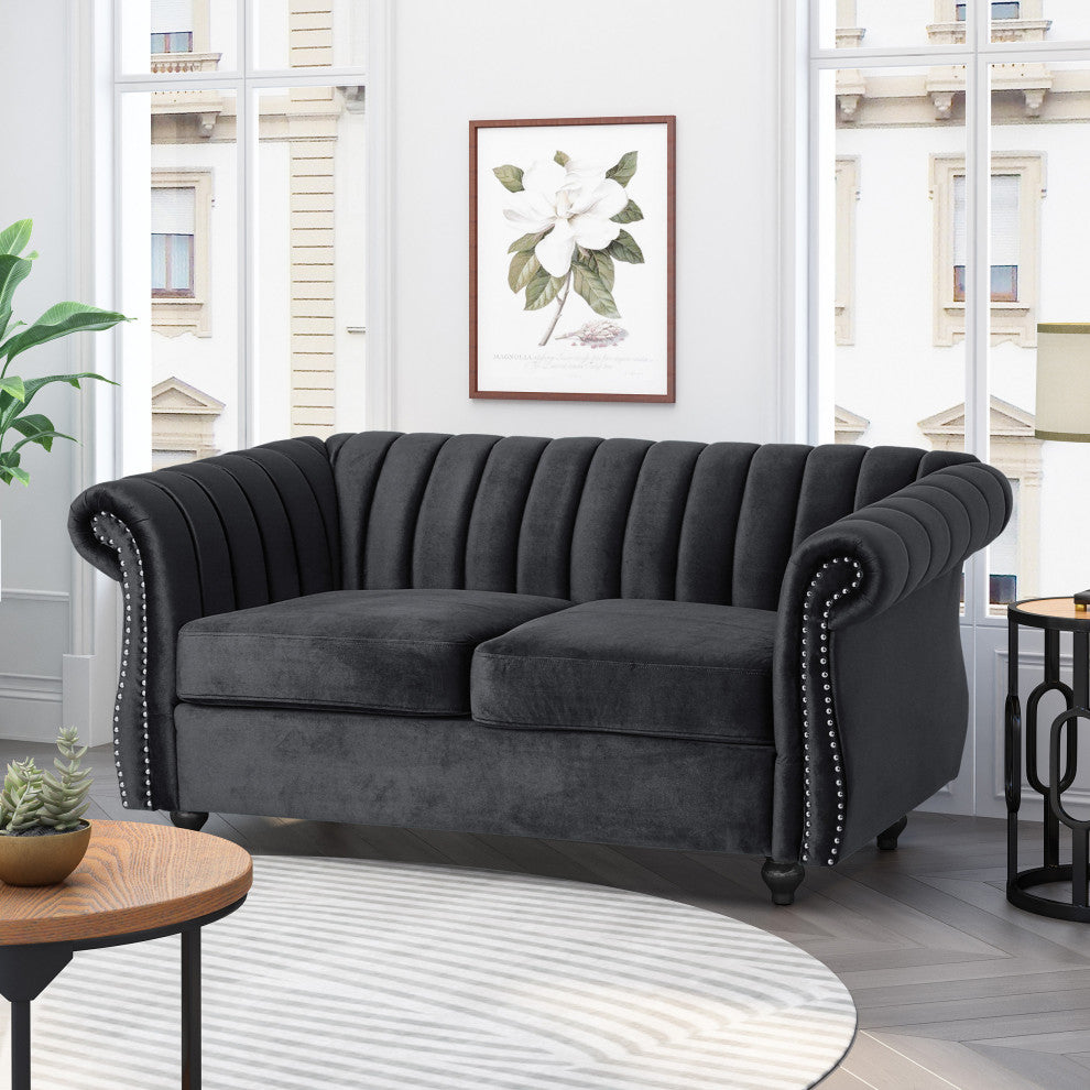 Bauman Modern Glam Channel Stitch Loveseat with Nailhead Trim, Black and Dark Brown, Velvet