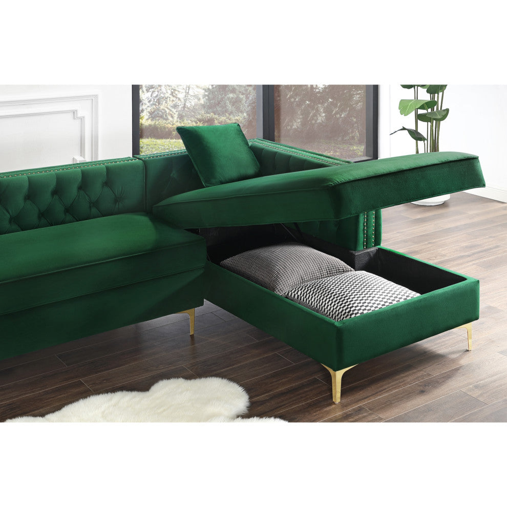 Jeannie Velvet Tufted With Nailhead Trim Sectional, Hunter Green, Right Facing
