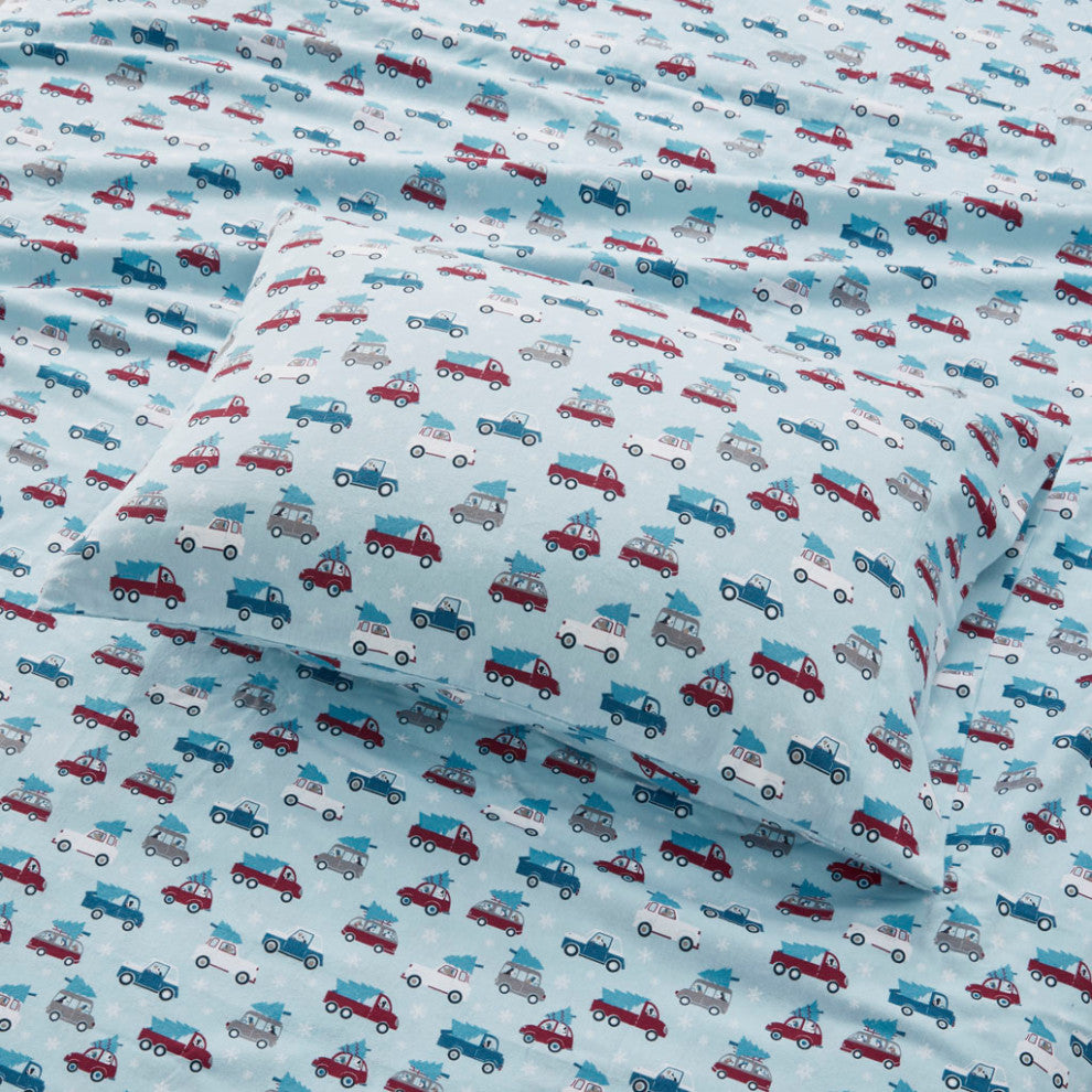True North by Sleep Philosophy Cotton Flannel Winter Sheet Set, Christmas Truck