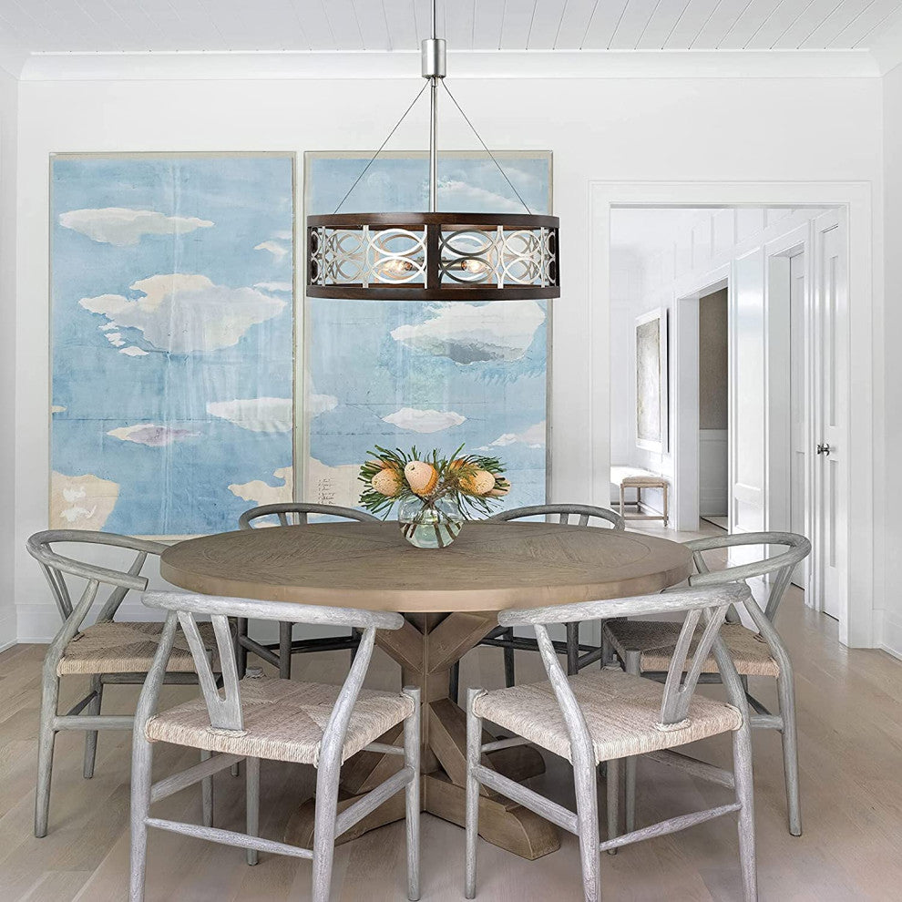 4 Light Farmhouse Dining Chandelier Drum Round Pendant Light With Chrome Finish