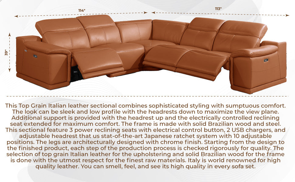 Federico 5-Piece L-Shaped Top Grain Italian Leather Sectional, Beige