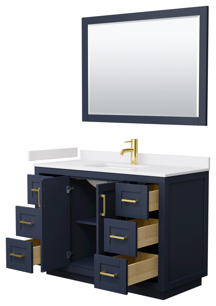 48"SGL Vanity Dark Blue, White Cult. Marble Top, Sink, Gold Trim, 46"Mirror