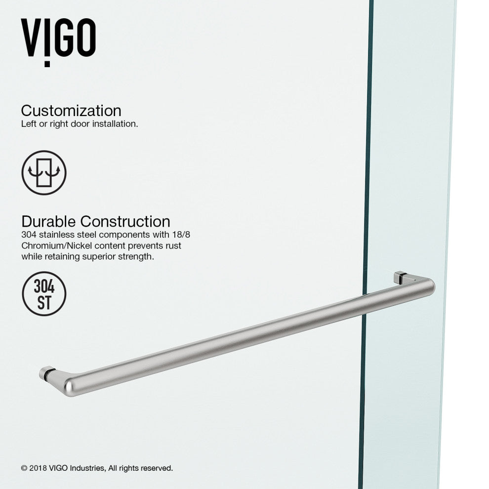 VIGO Ferrara Frameless Sliding Shower Door, Stainless Steel, 72" to 73" W X 74" H, Clear Glass