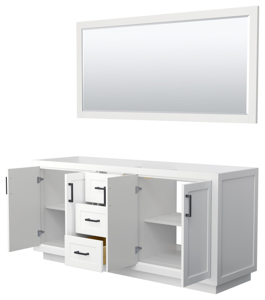 72" Double Bathroom Vanity, White, No Countertop, Black Trim, 70" Mirror