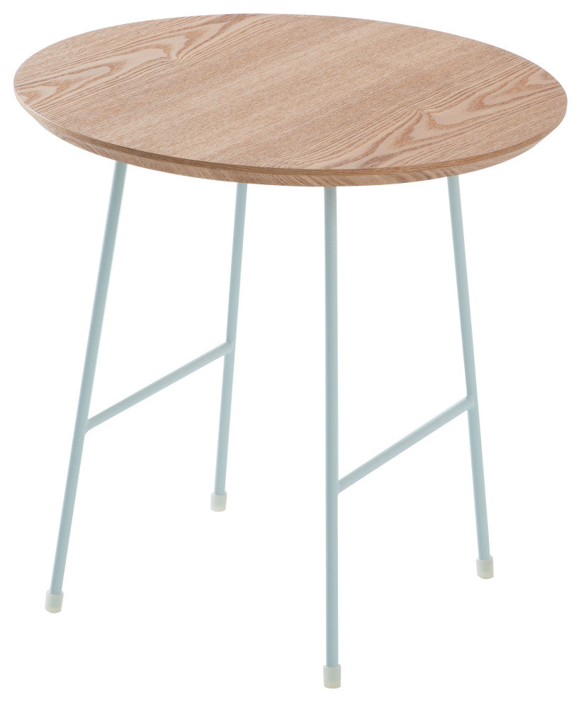 LeisureMod Rossmore Modern Round Side Table With White Steel Frame, Natural Wood