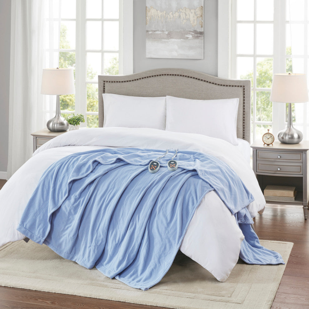 Beautyrest Knitted Micro Fleece Solid Textured Heated Blanket, Blue, Queen