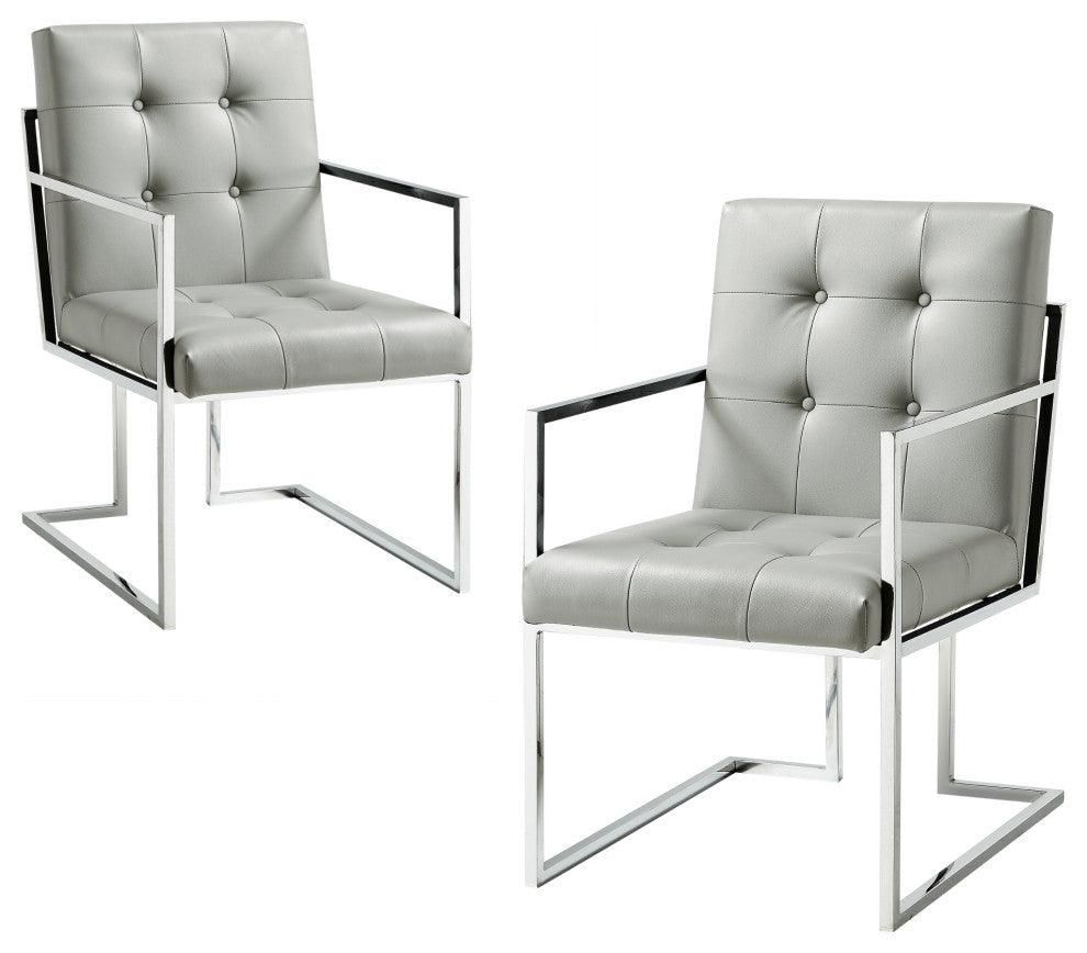 Phoebe Tufted Dining Chairs With Square Arms, Set of 2, Light Grey Pu Leather