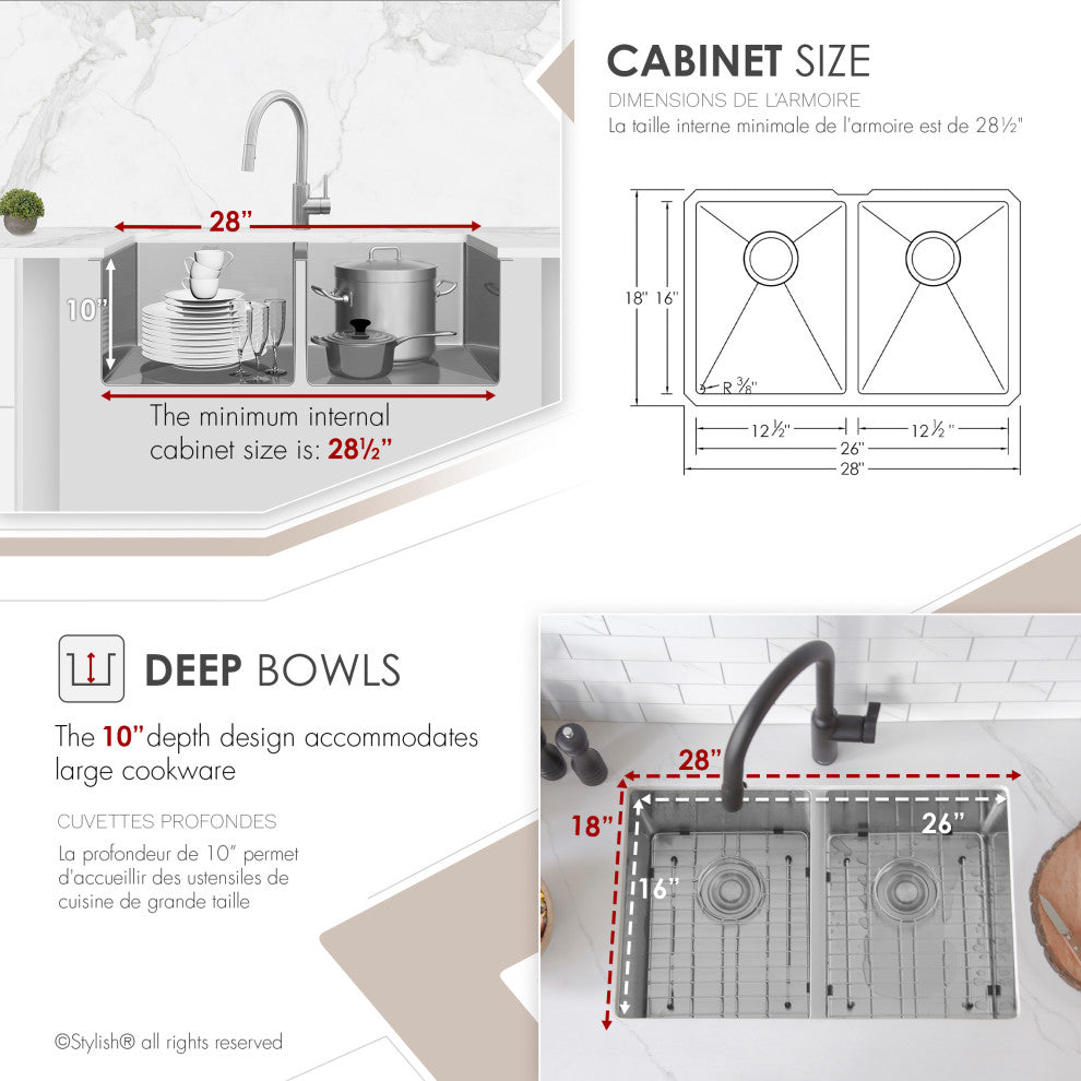 STYLISH 28"L x 18"W Undermount Kitchen Sink Double Bowl with Grids and Strainers