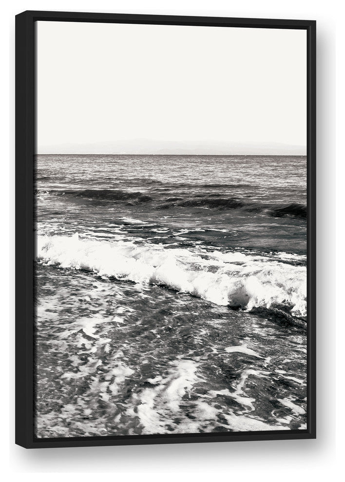 Black and White Ocean Waves 24x36 Black Floating Framed Canvas