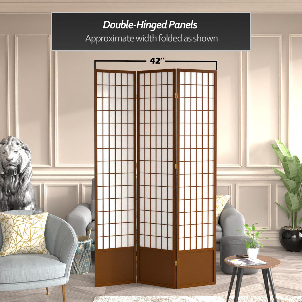 7' Tall Window Pane Shoji Screen, Walnut, 3 Panels