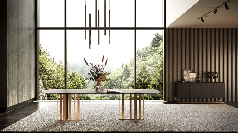 Modrest Livia Modern Walnut and Brass Stainless Steel Dining Table
