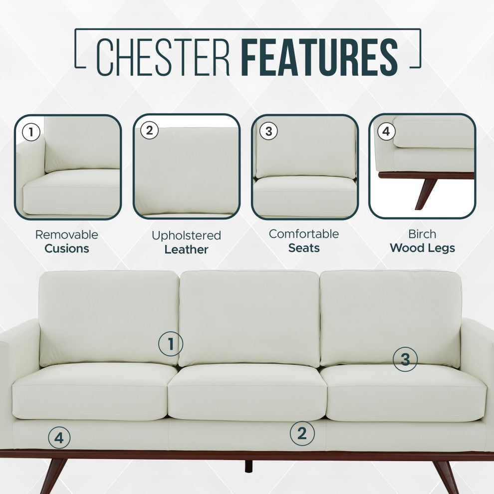 LeisureMod Chester Mid-Century 3-Seater Leather Modern Sofa, White