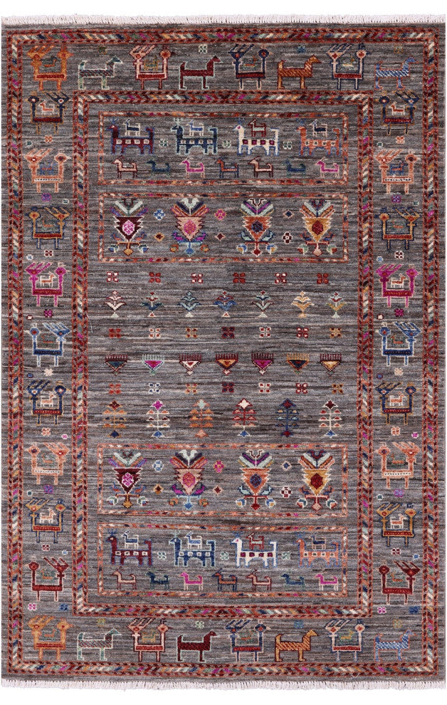 Tribal Persian Gabbeh Hand-Knotted Wool Rug 3' 4" X 4' 10" - Q13840