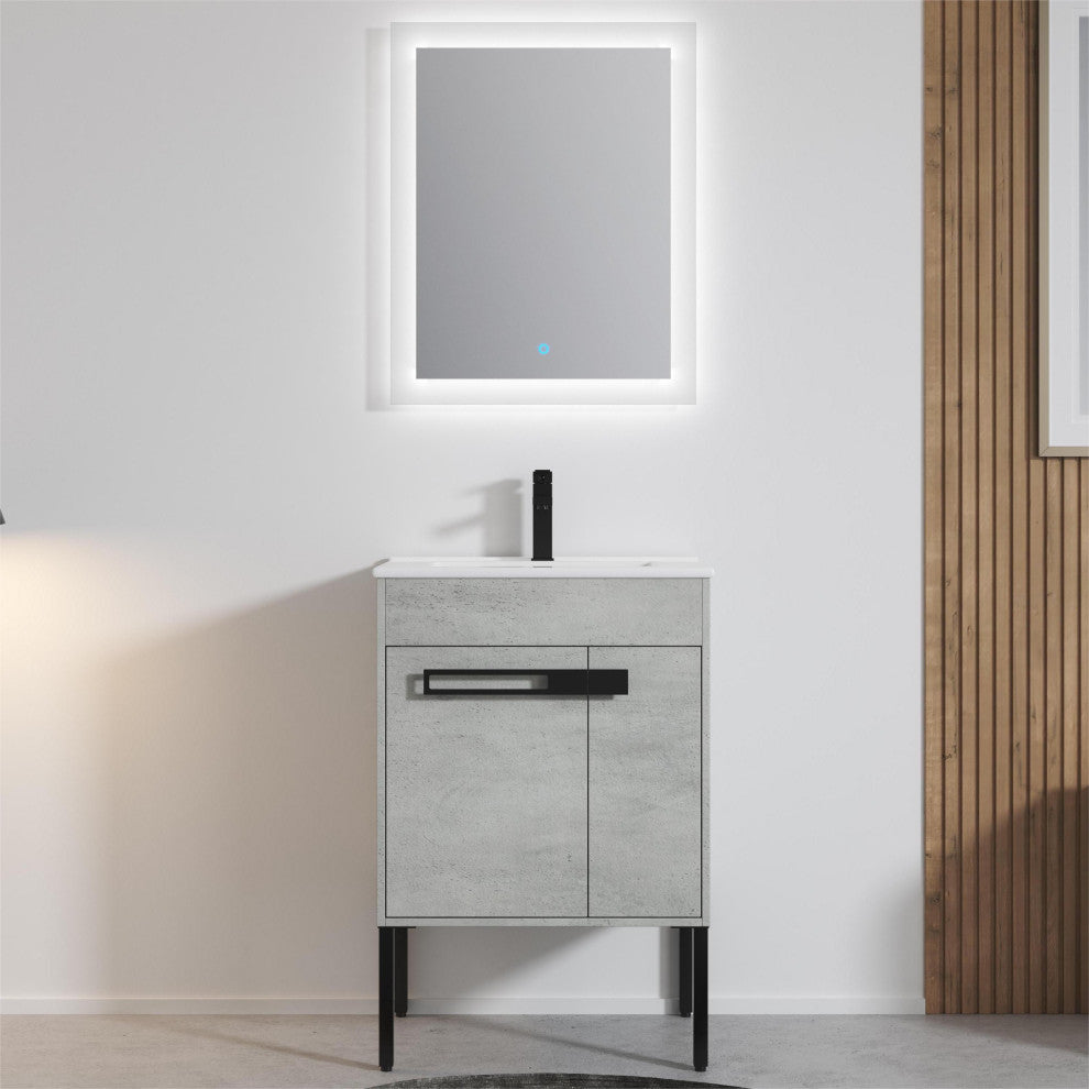 Freestanding/Floating Bathroom Vanity With white Ceramics Top, Grey, 24"