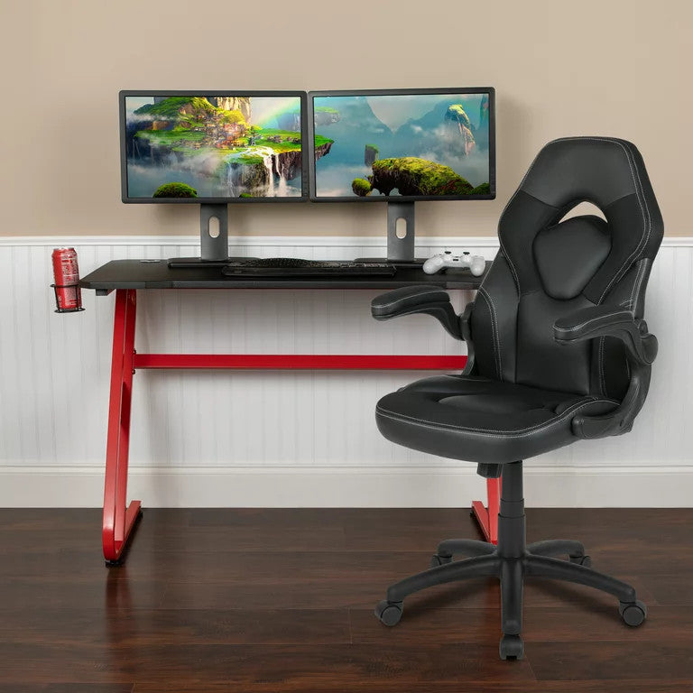 Gaming Desk & Chair Bundle, Detachable Cup Holder & PU Leather Seat, Black