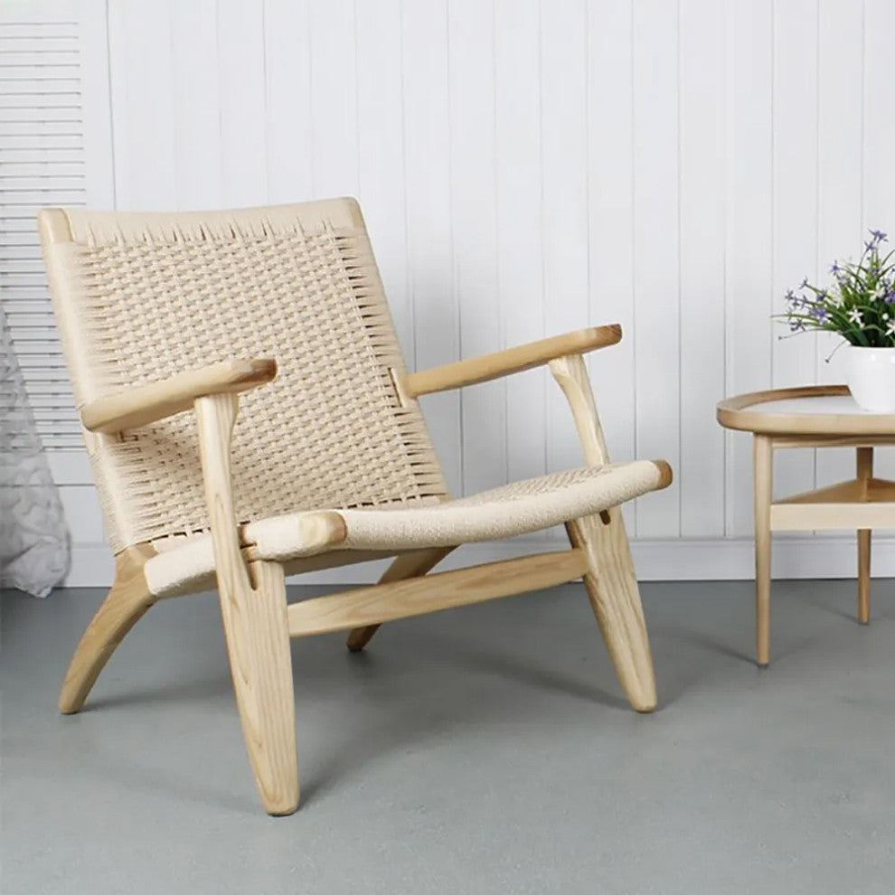 Japandi Wood Outdoor Patio Lounge Chair Armchair Kraft Paper Rope Woven Seat