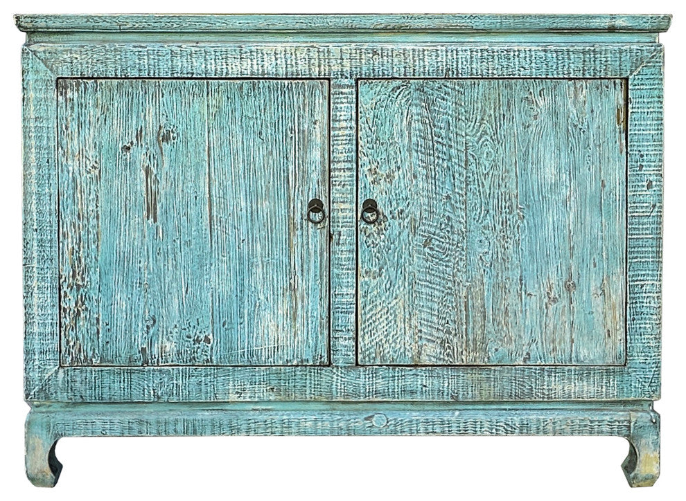 Distressed Turquoise Aqua Blue Rough 2 Doors Credenza Sideboard Console Hws4344