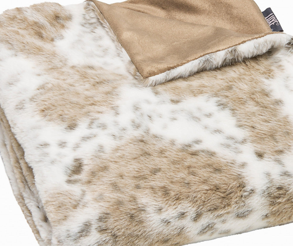 Gray Faux Fur Striped Plush Throw, Spotted White and Brown