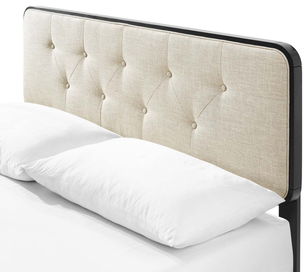 Platform Bed Frame, Queen Size, Fabric, Wood, Black Beige, Modern Mid-Century