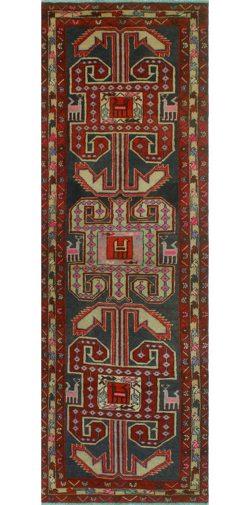 Fine Vintage Distressed Iyapo Navy/Burgundy Runner, 3'5x10'6