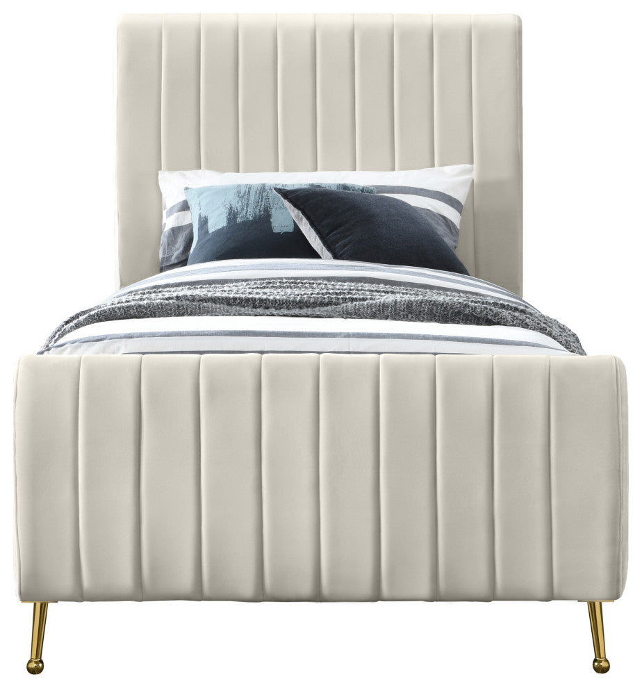 Zara Channel Tufted Velvet Upholstered Bed With Custom Gold Legs, Cream, Twin
