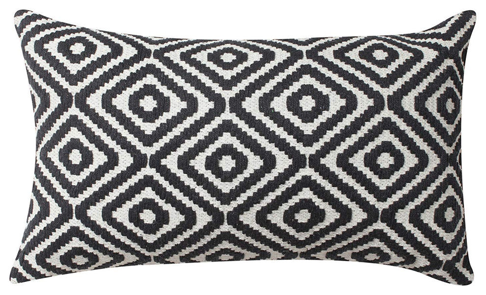 12 x 20 Cotton Hand Woven Dhurri Pillow with Diamond Pattern, Black and White
