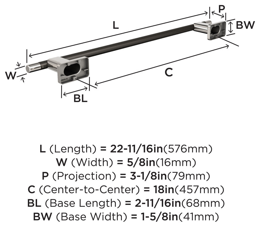Amerock Esquire Contemporary Towel Bar, Polished Nickel/Gunmetal, 18" Center-to-