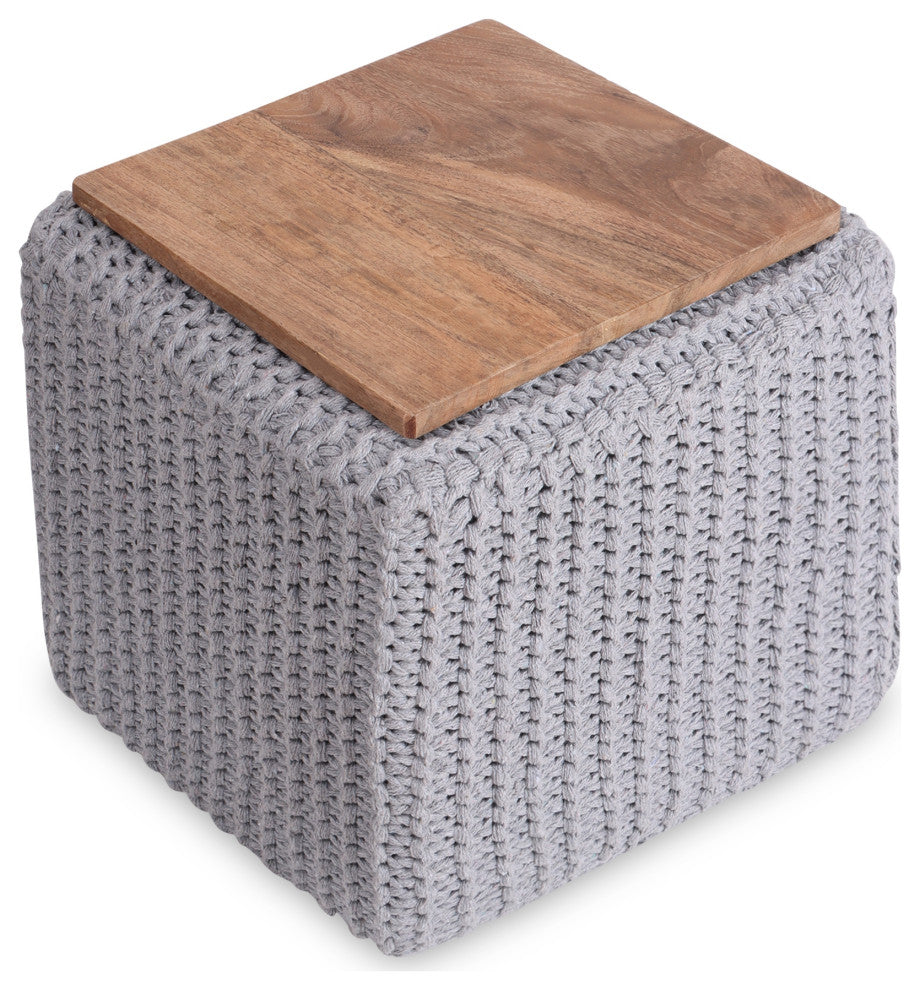 Loft Lyfe Roxy Ottoman, Hand Knitted, Wooden Tray, Cotton Yarn, Light Gray